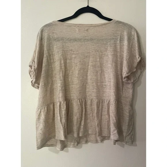 Madewell 100%Linen Peplum Side Ruffle Top Oatmeal Beige Short Sleeve T L - Picture 2 of 8